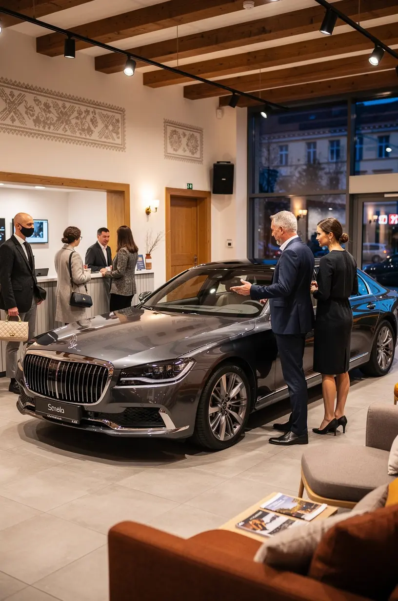 Exteriér luxusného servisu s parkovanými prémiovými vozidlami značiek ako Audi, BMW a Mercedes.