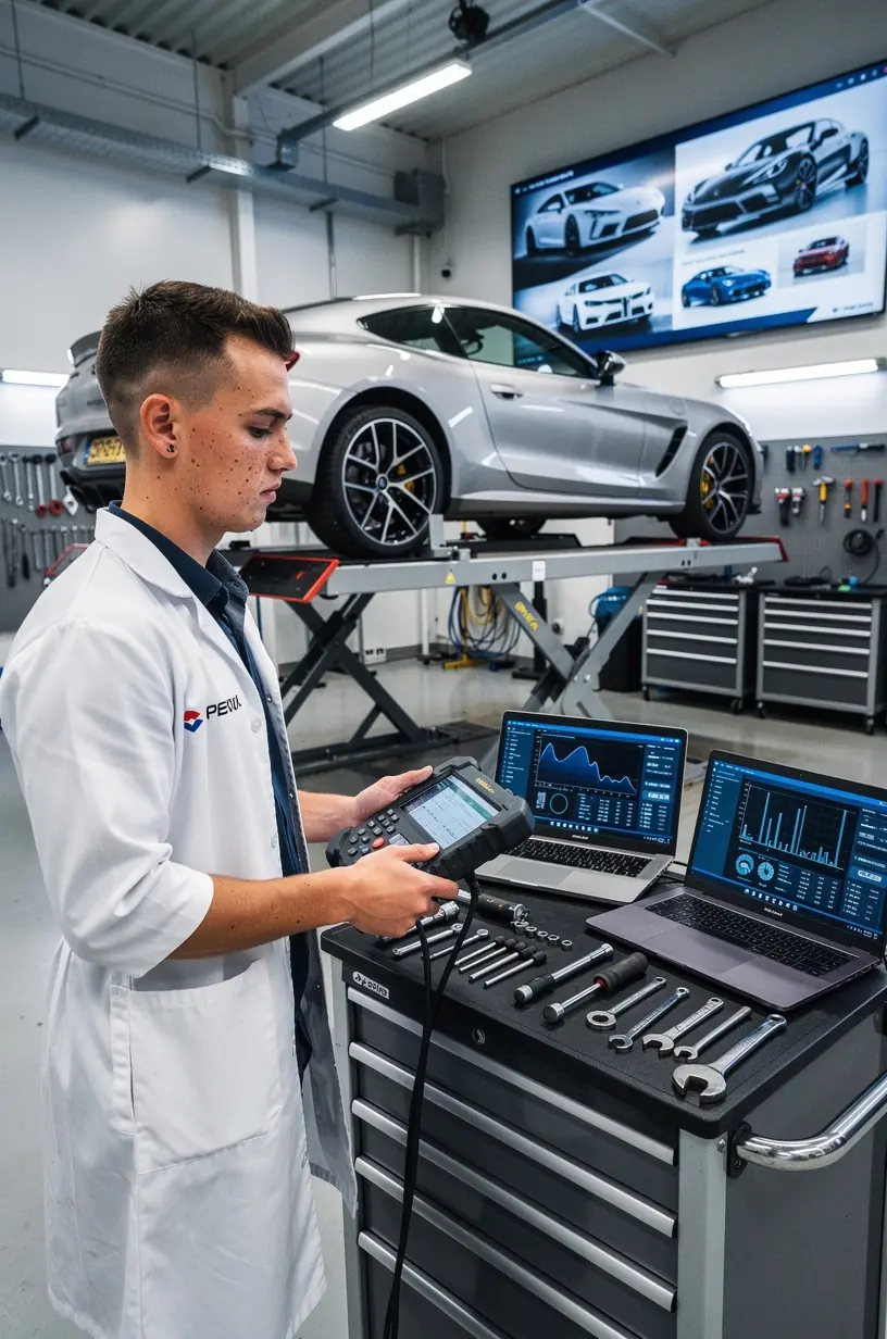 Zamestnanec servisného centra kontroluje motor luxusného auta v bezpečnom a čistom prostredí.